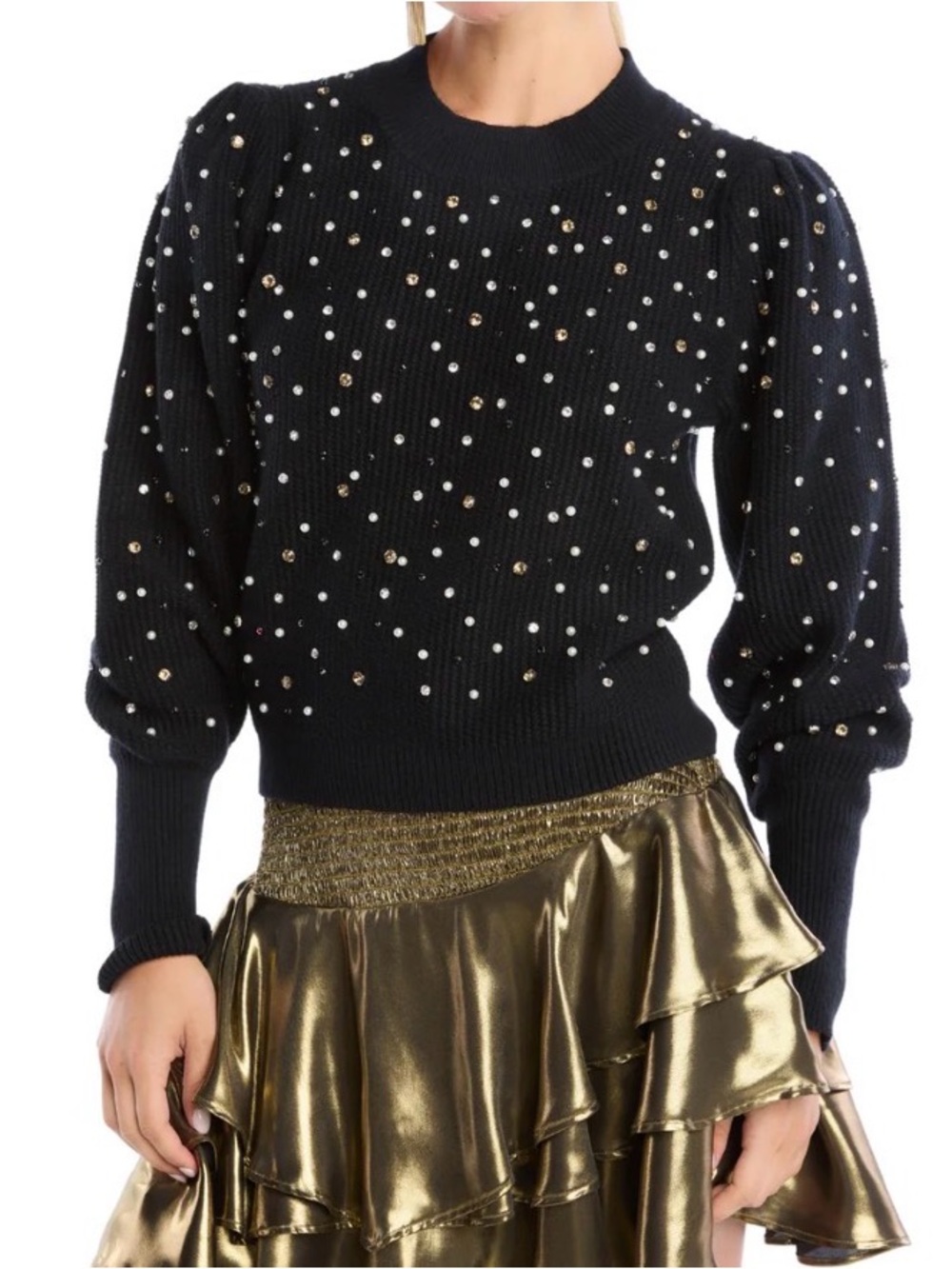 Allison New York Pearl and Rhinestone Black Sweater